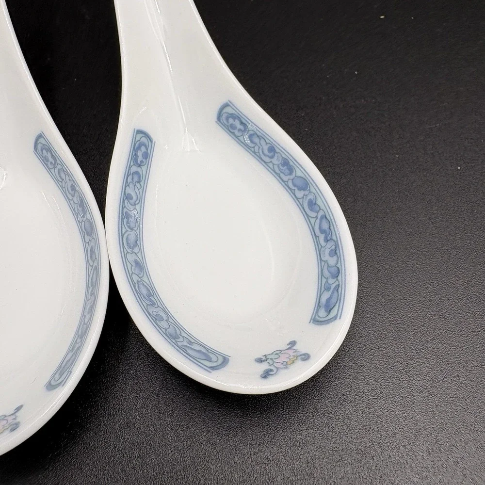 Vintage Chinese Blue Leaf Flower Porcelain Soup‎ Spoons Blue White Set of 4